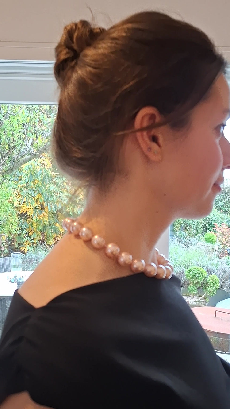 Thumbnail: Large  Clear Pink Shell Pearl Strand with Silver Magnetic Clasp