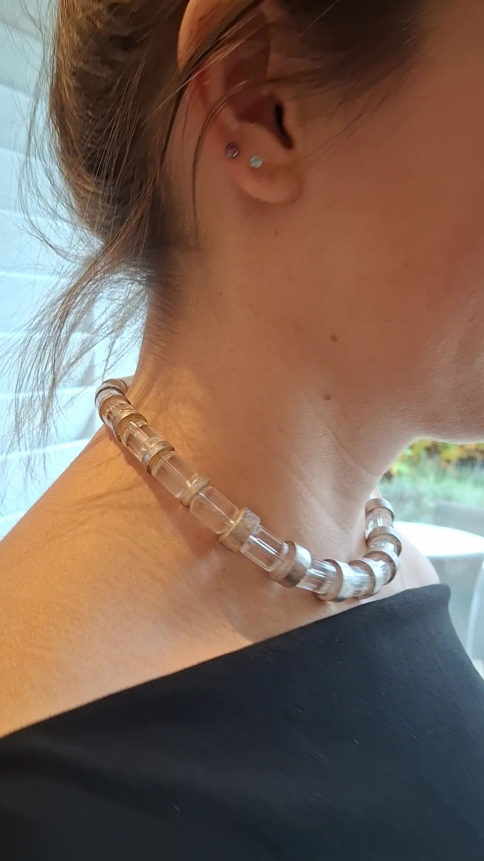 Thumbnail: Rock Crystal Faceted Tubes & Sterling Silver Spacers & Magnetic Clasp
