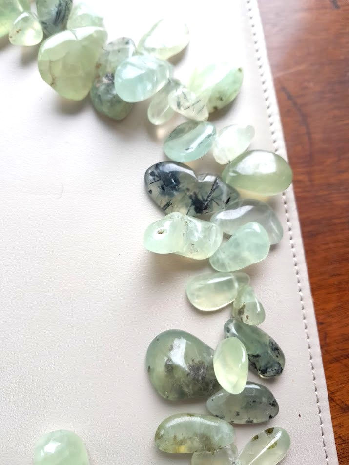 Thumbnail: Long Prehnite polished drops Necklace