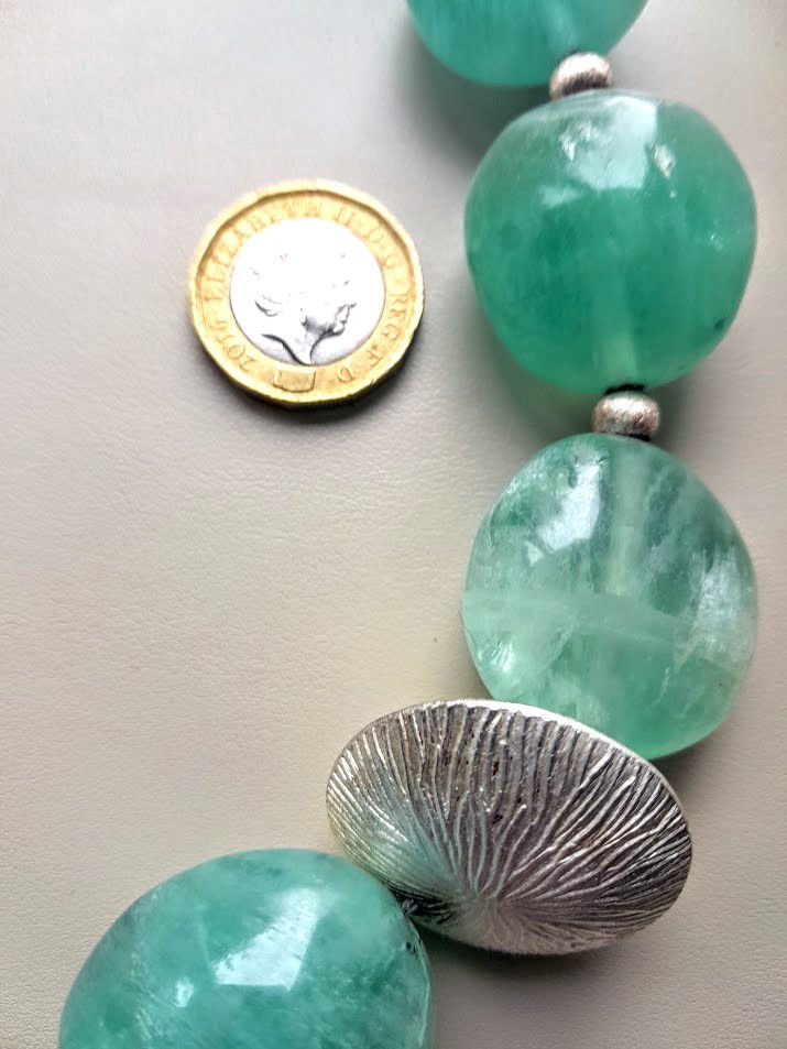Thumbnail: Large  Fluorite Green Pebbles, one Mauve & Large Sterling Silver Clasp