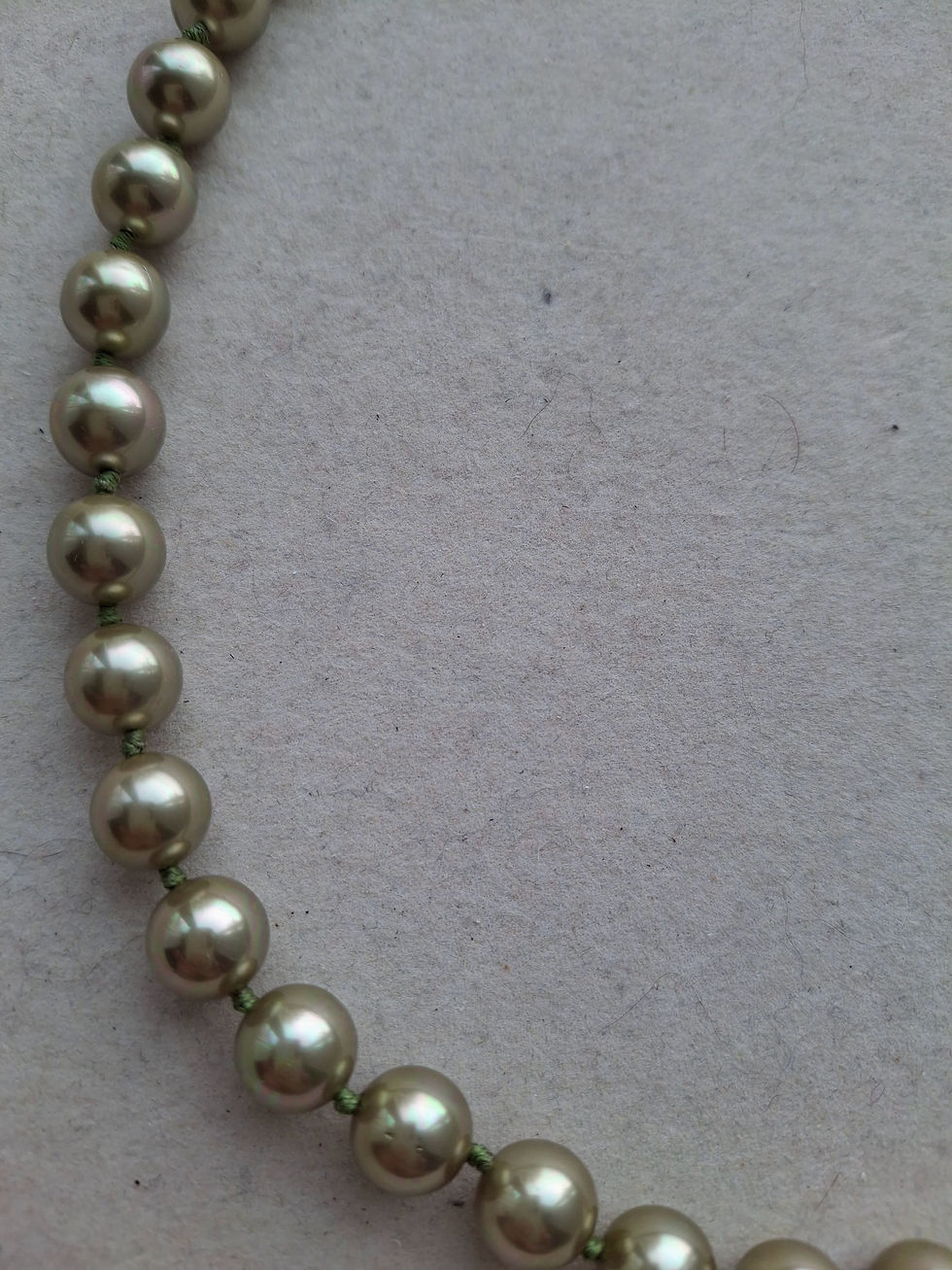 Thumbnail: Khaki Green/Grey Shell Pearl Necklace  Knotted with Silver Ring Clasp