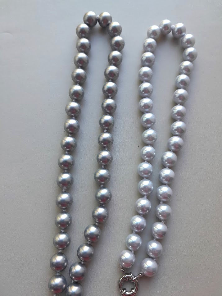 Thumbnail: Soft Grey Shell Pearl Necklace Knotted with Bolt Ring Clasp.