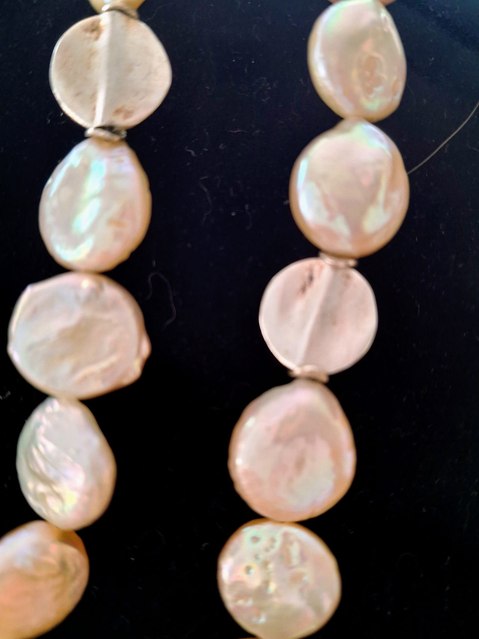 Thumbnail: Long Soft Pink Freshwater Coin Pearl & Sterling Silver Spacer Necklace