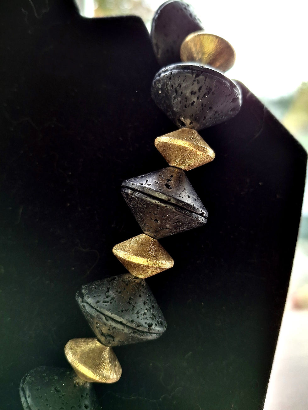 Thumbnail: Black Lava Disks with 22K Brushed Gold Plated Sterling Silver Disks & Clasp