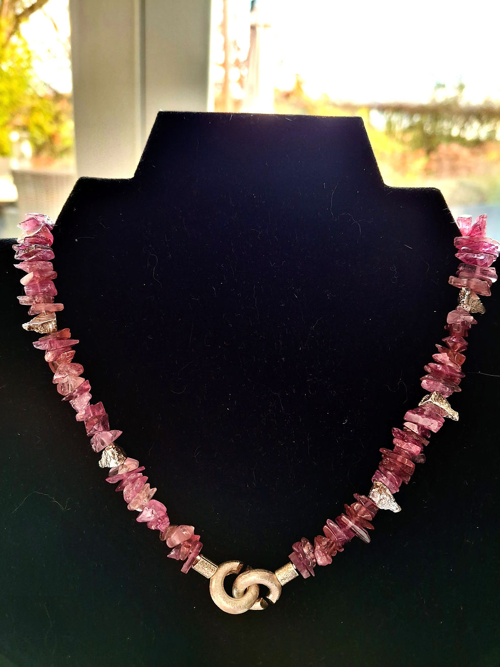Thumbnail: Pink Tourmaline Shards and Brushed  Sterling Silver Spacers Necklace