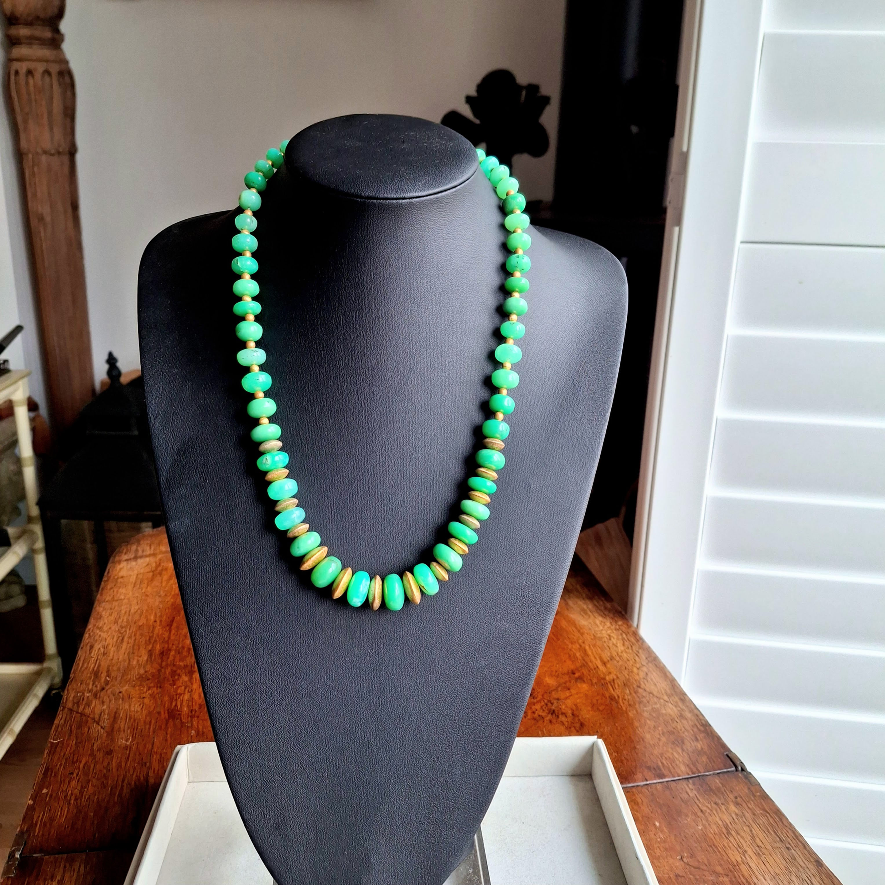 Chrysoprase Graduated Rondel Bead and Gold plated Spacers Necklace
