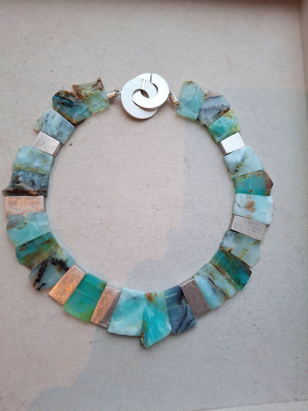 Thumbnail: Peruvian Green Opal and Brushed Sterling Silver Plate Necklace