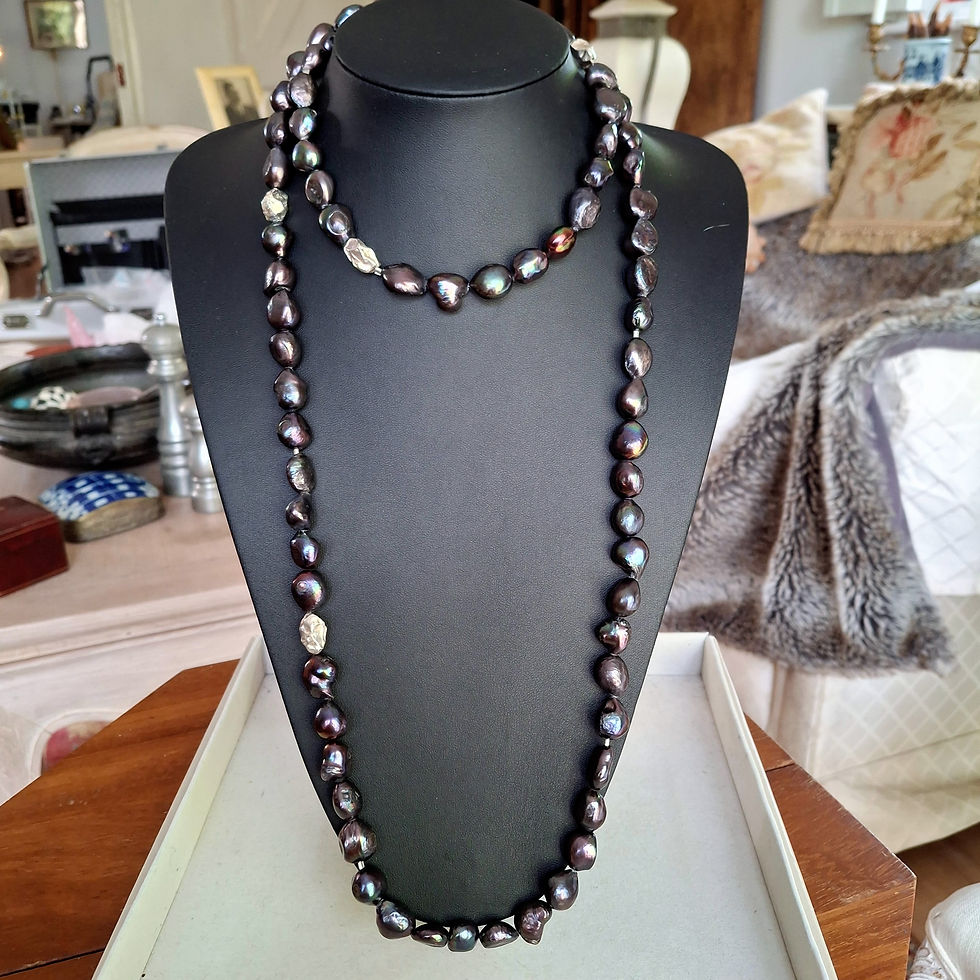 Thumbnail: Long Black Baroque Freshwater Pearls with Sterling Silver Nuggets