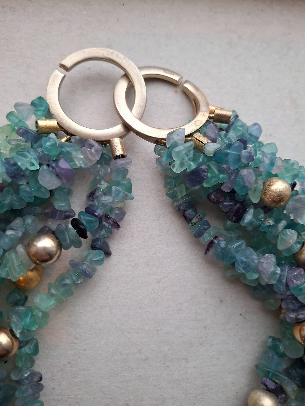 Thumbnail: 9 Strands of Lilac & Green Fluorite Chips with 22K Gold Plated Silver Spacers