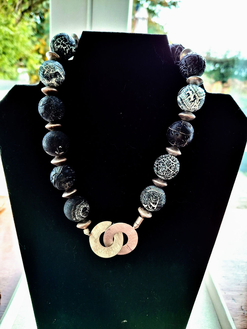 Thumbnail: Sand Blasted Obsidian Black & White Beads Sterling Silver Disks & Clasp