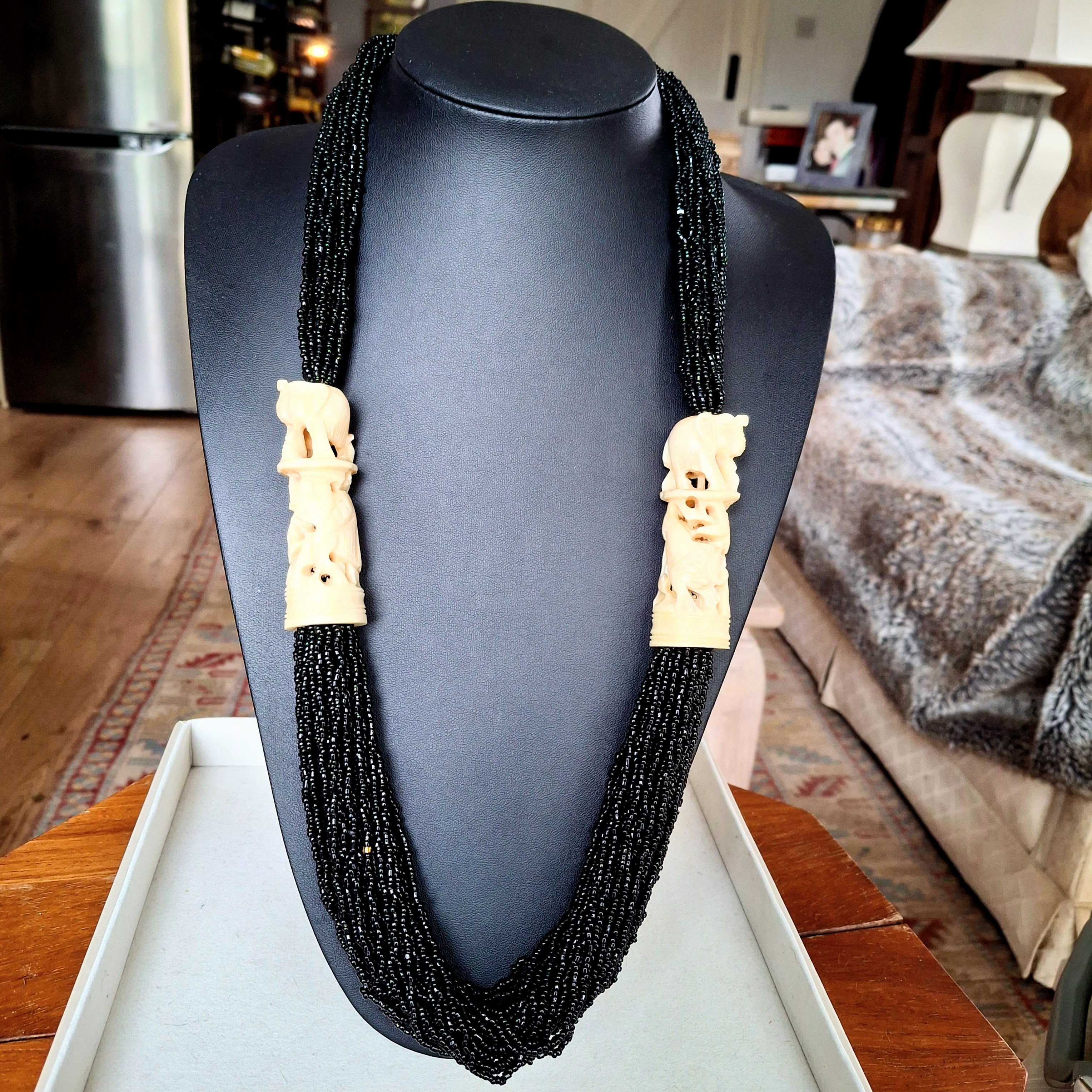 African Ethnic Black Glass Bead & Carved Bone Tribal Necklace