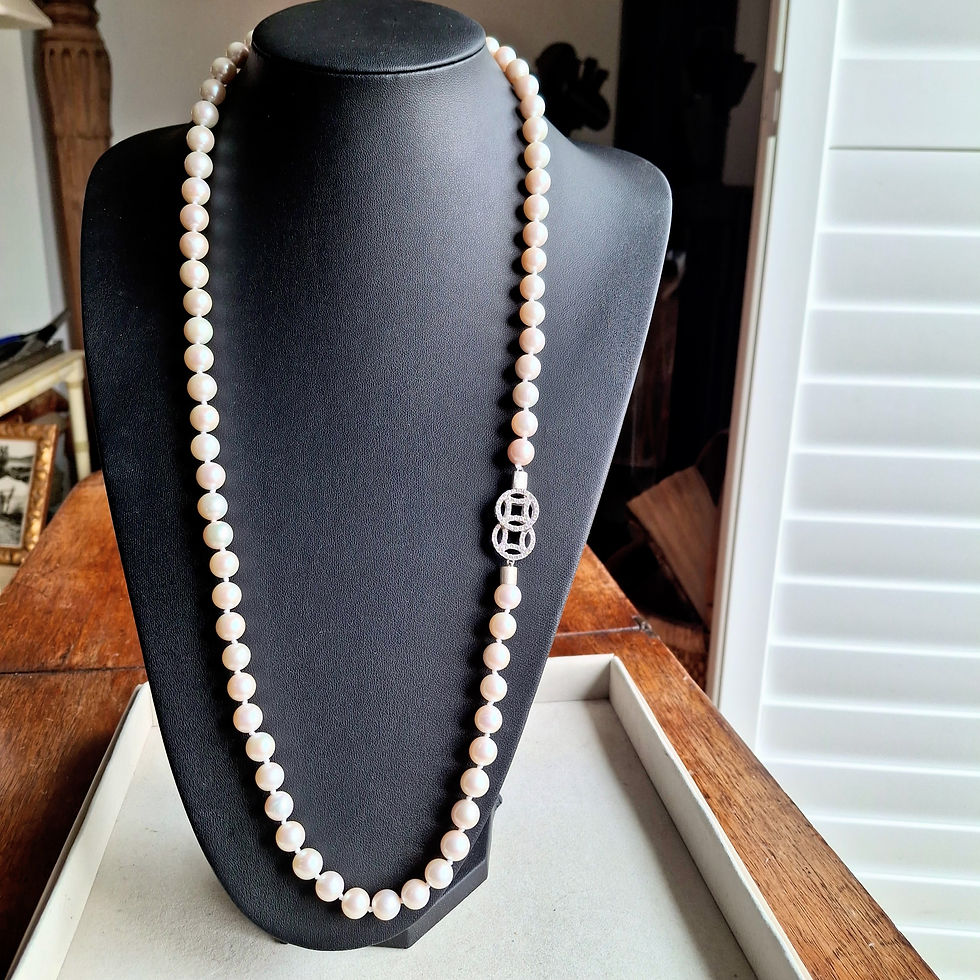 Thumbnail: Long Edison Pearl Necklace with Sterling Silver Crystal Designer Clasp