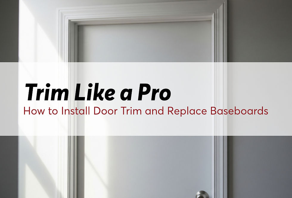 White door with decorative trim, shadow on wall. Text: Trim Like a Pro, How to Install Door Trim and Replace Baseboards.