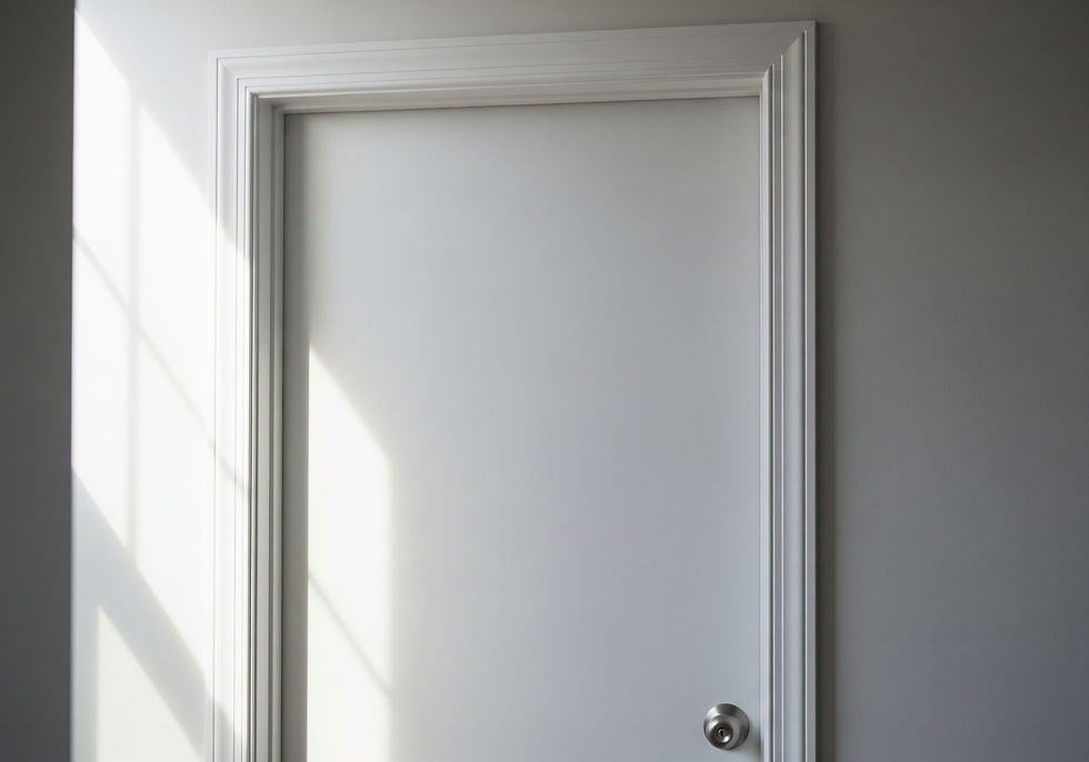 White door with a silver knob, framed by white trim and light gray walls. Soft sunlight casts windowpane shadows on the door, creating a tranquil mood.