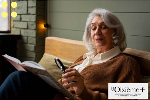 femme âgée qui lit avec une loupe