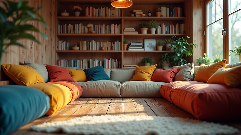 Eye-level view of a cozy reading nook with colorful cushions