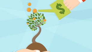 a hand with a green pot watering a tree with gold coins
