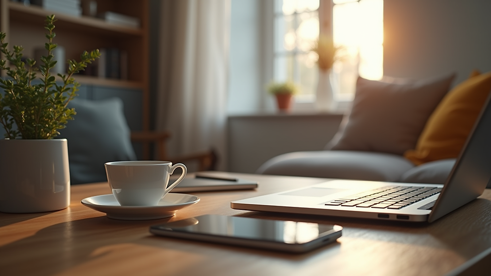 Eye-level view of a cozy home office setup with a laptop and a cup of tea