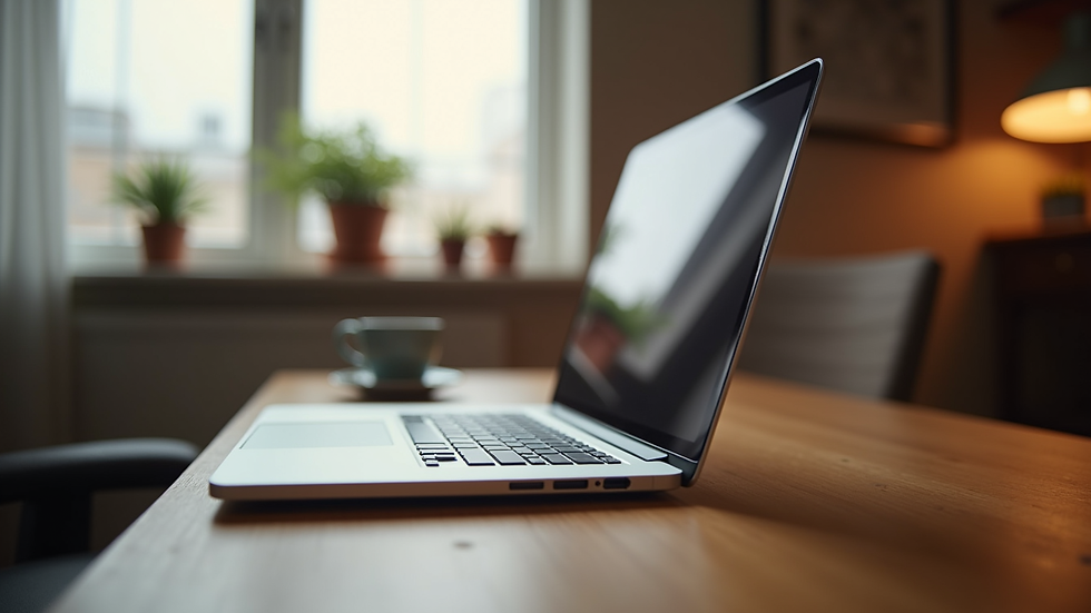 Eye-level view of a laptop on a cozy home desk setup