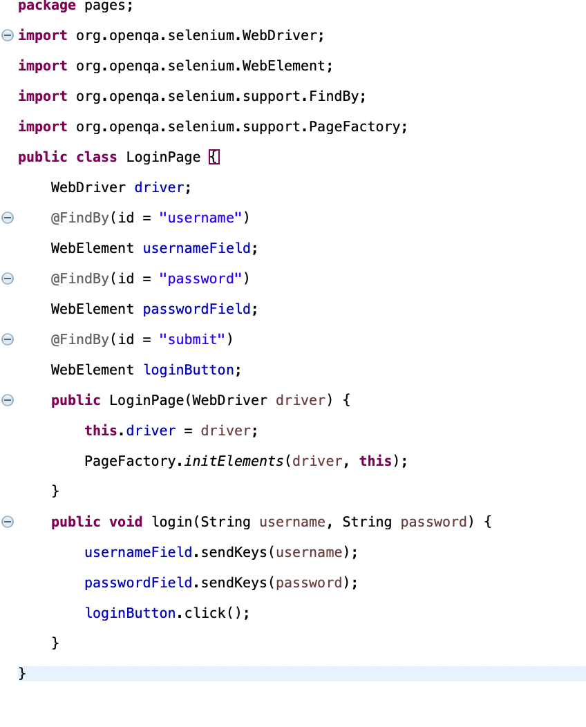 Screenshot showing the Page Object Model class with @FindBy locators and a login method.