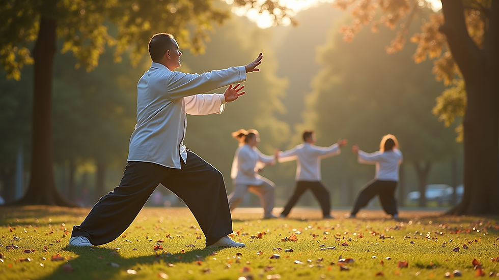 Wide angle view of a serene Tai Chi class in a park