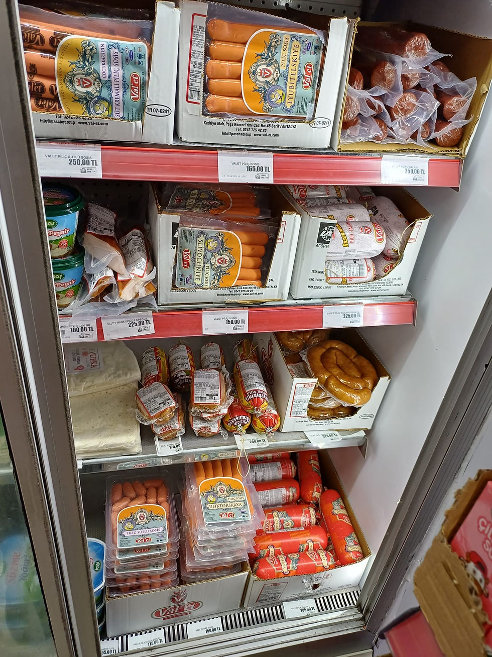 Market içindeki soğutucu dolapta dizili sosis ve şarküteri ürünleri
