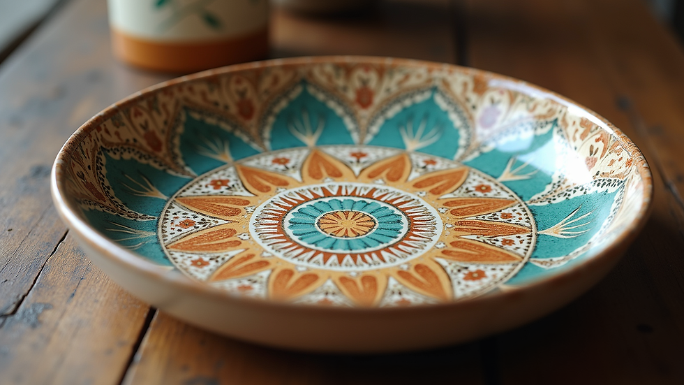 High angle view of a colorful ceramic plate displayed in a traditional artisan shop