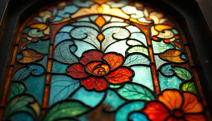 High angle view of an artisan crafting stained glass with Art Nouveau patterns in a Rome workshop