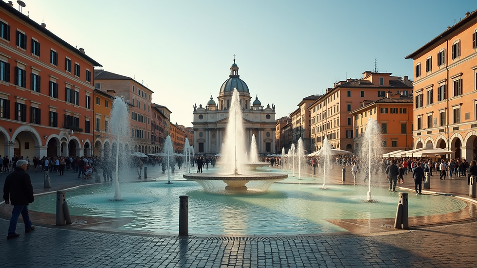 Wide angle view of Piazza Navona with fountains and historic buildings