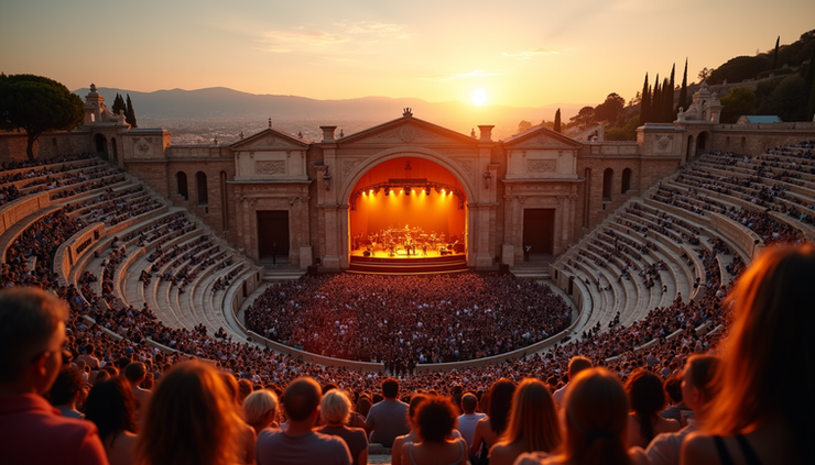 Eye-level view of an ancient Roman amphitheater set up for an open air concert at sunset