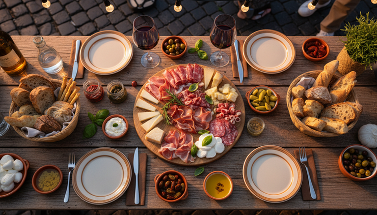 Overhead view of Italian small plates and wine glasses on a festival table.