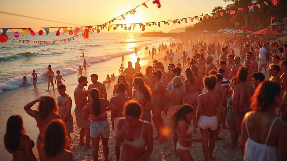 High angle view of a lively beach party with colourful decorations and people enjoying the sunset