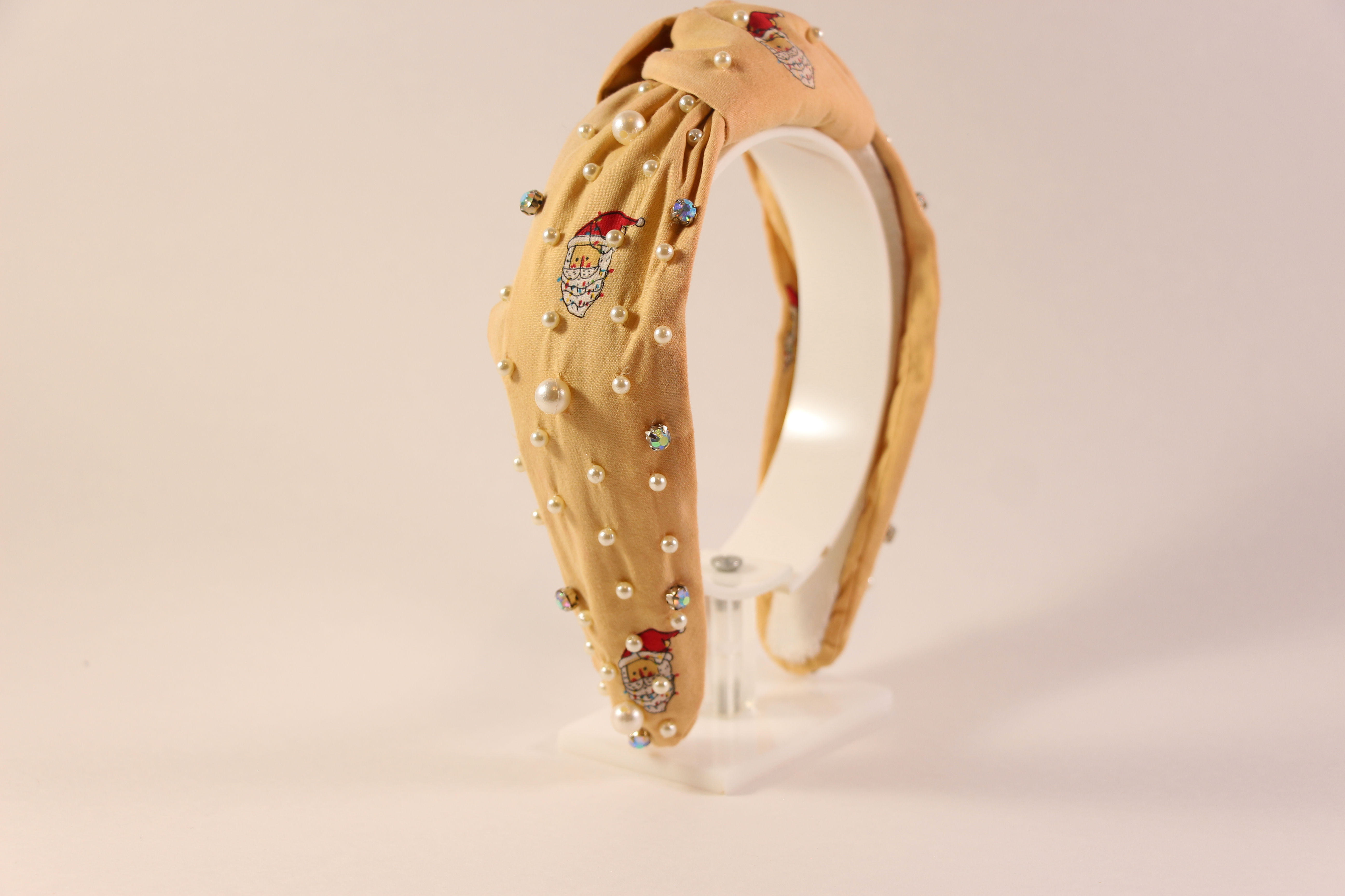 Christmas Santa Pearl and Rhinestone Handmade Knot Headband