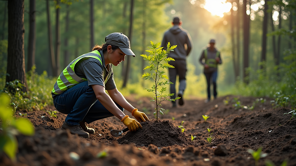 High angle view of a forest restoration project with volunteers planting trees