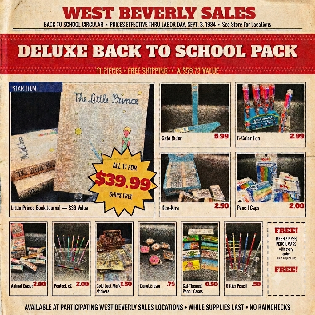 The Deluxe Back to School Pack featuring a blue journal and various stationery items.