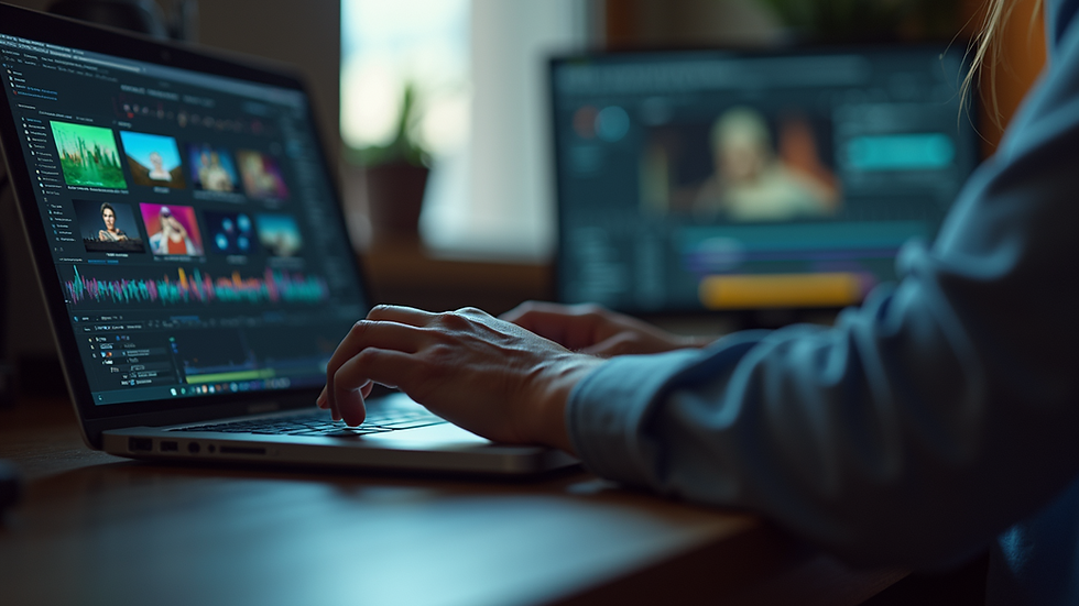 Close-up view of a video editor working on a laptop with colorful clips on the screen