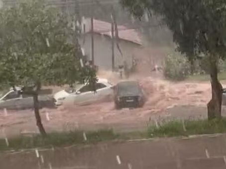 Moradores se desesperam ao ver carros sendo arrastados por enxurrada durante chuva em Goiânia