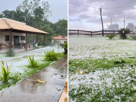 Tempestade de granizo deixa chão coberto de gelo em fazenda de Goiás