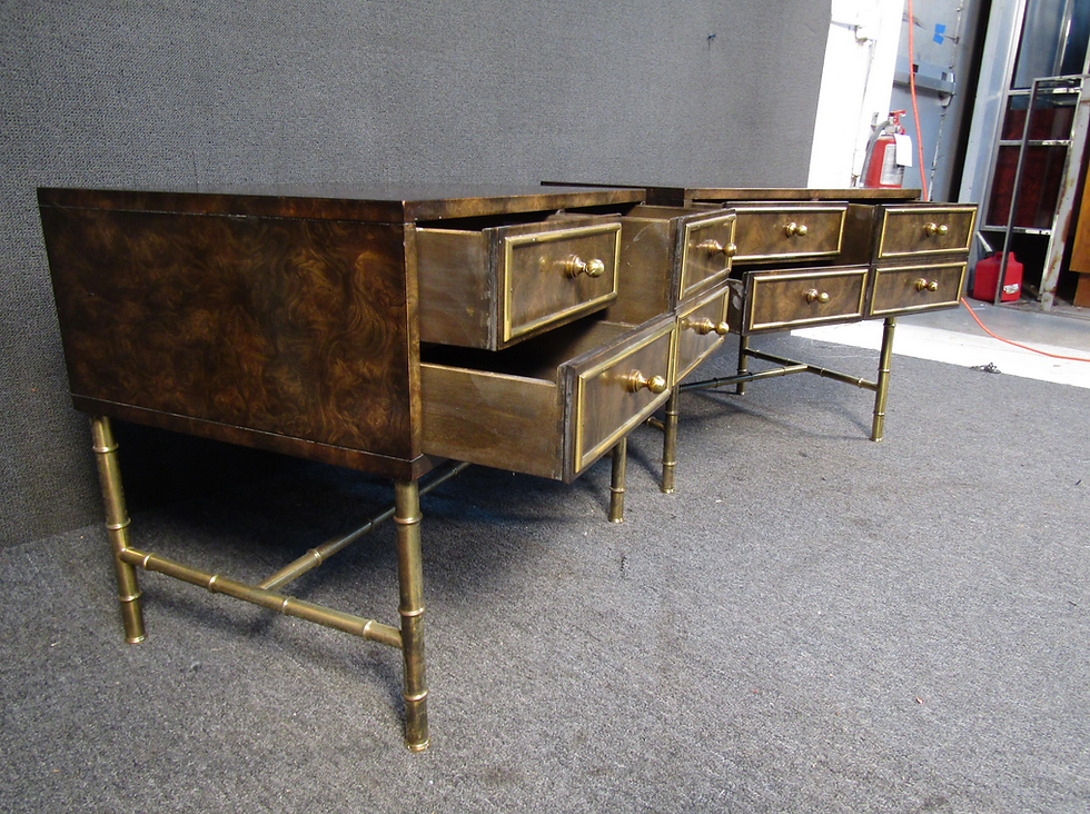 Thumbnail: Vintage Pair of Burl and Brass Night Stands by Mastercraft