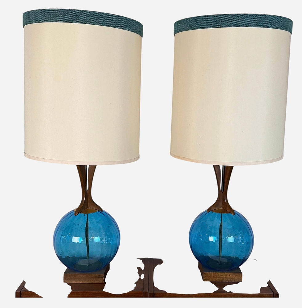 Thumbnail: Pair of Danish Mid-Century Tamble Lamps in Walnut and Blown Glass