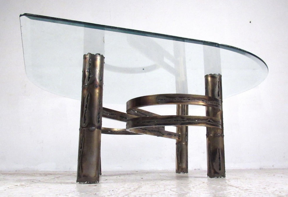 Thumbnail: Brutalist Torch Cut Brass Table Set with Glass Tops