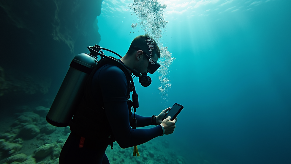High angle view of a diver checking their dive computer underwater
