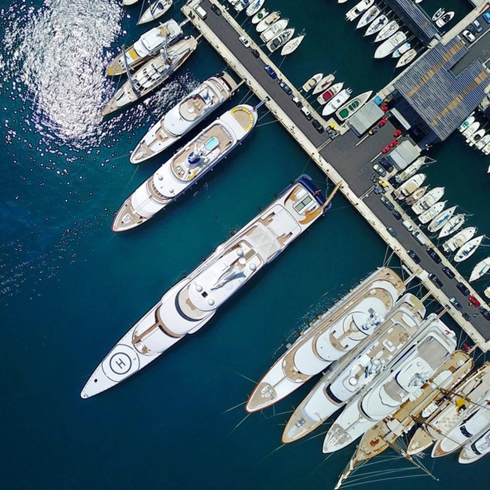 areal view of superyachts in the port of Monaco