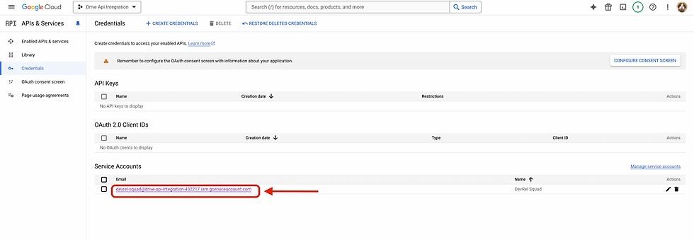 select service account link on console