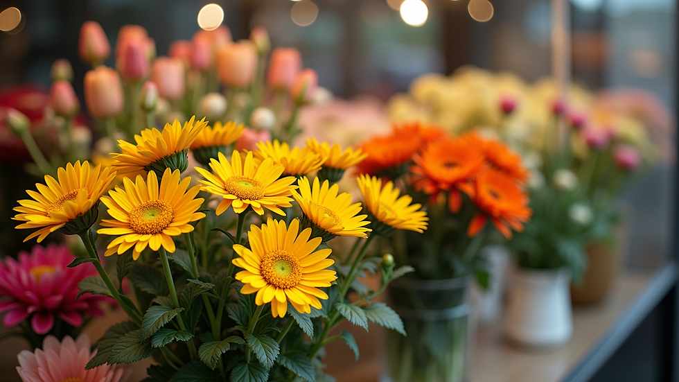 Augenhöhe Blick auf einen modernen Blumenladen mit verschiedenen frischen Blumensträußen