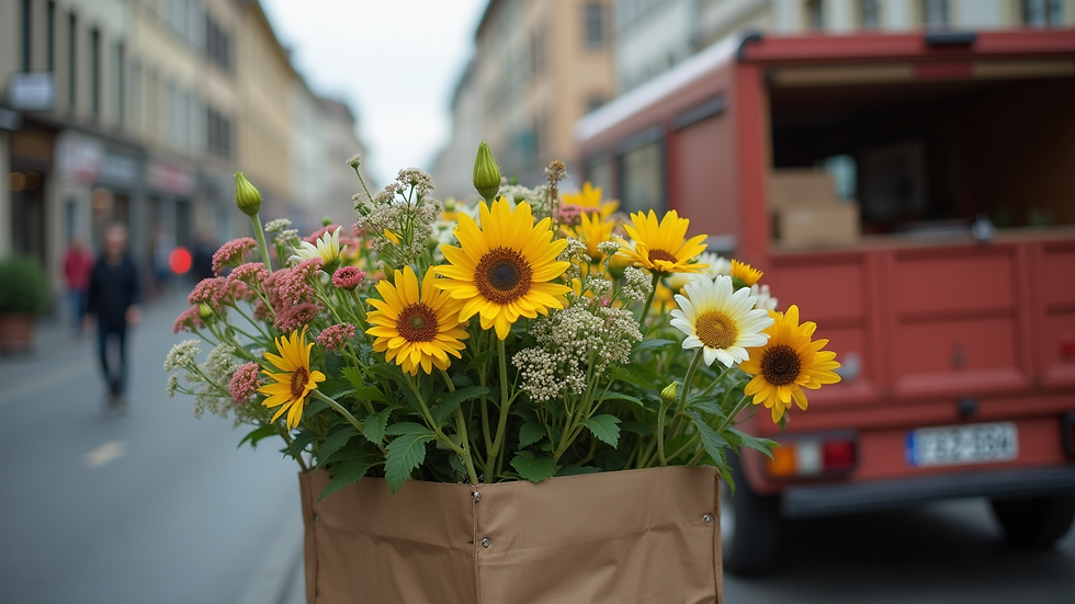 Augenhöhe Blick auf einen Lieferwagen mit frischen Blumen in Freiburg