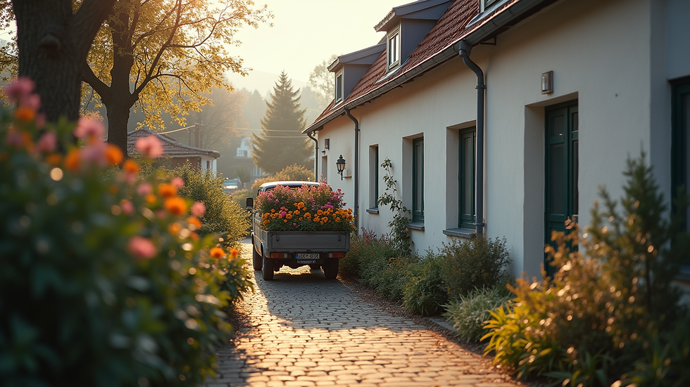 Augenhöhe Blick auf einen Lieferwagen vor einem Haus mit Blumenlieferung