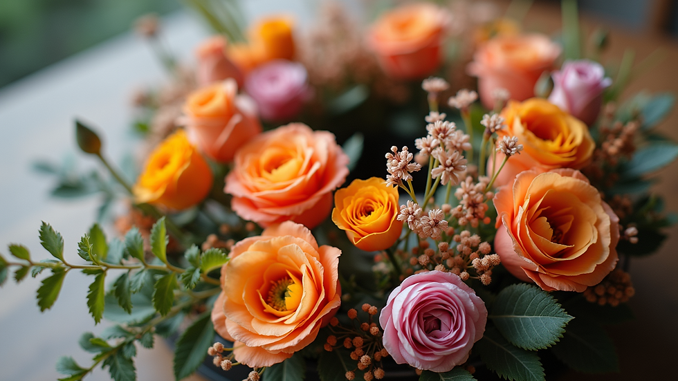 Augenhöhe Blick auf einen kreativen Blumenstrauß mit saisonalen Blumen