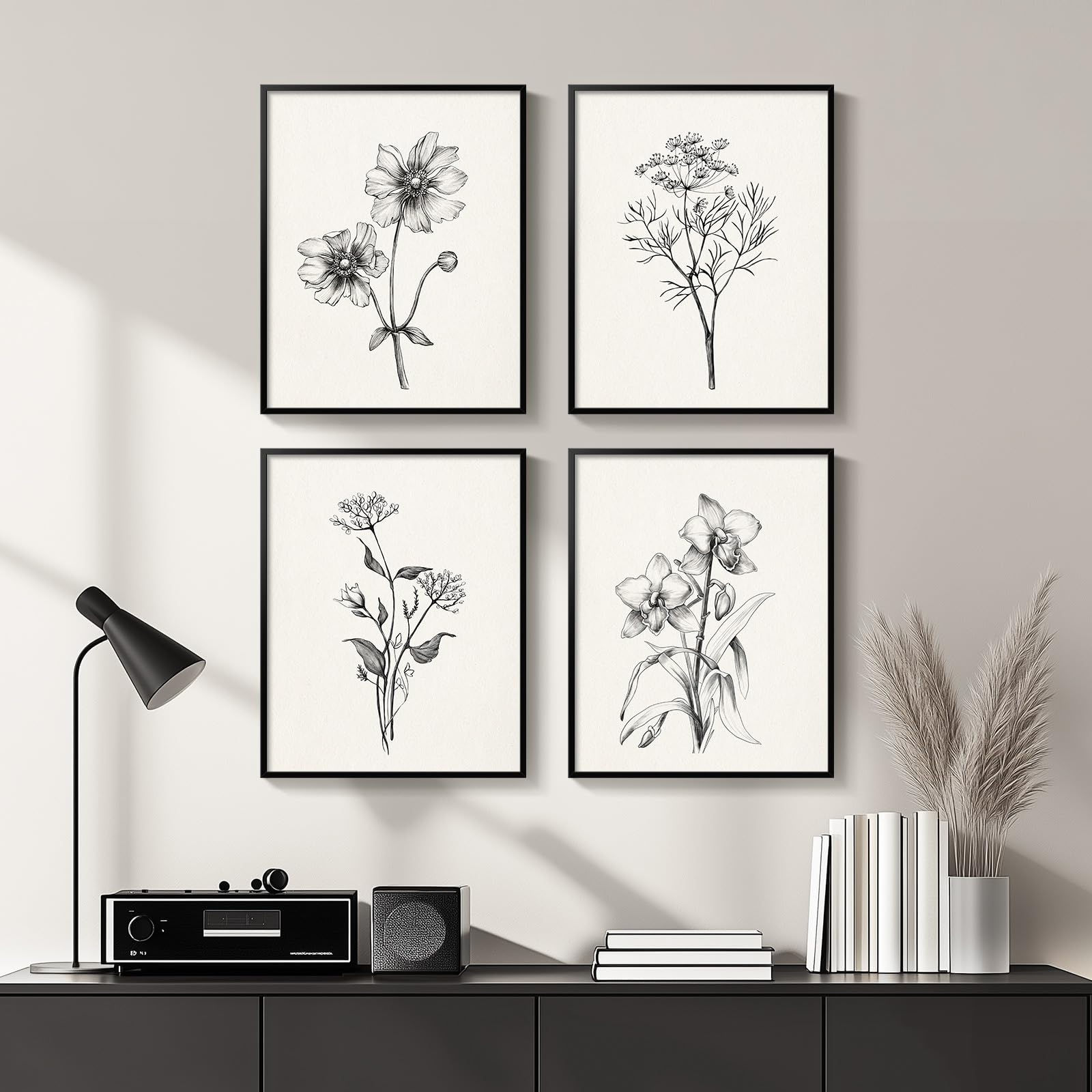 Framed Black and White Floral Wall Art Set of 4 Piece Vintage Rustic Botanical C