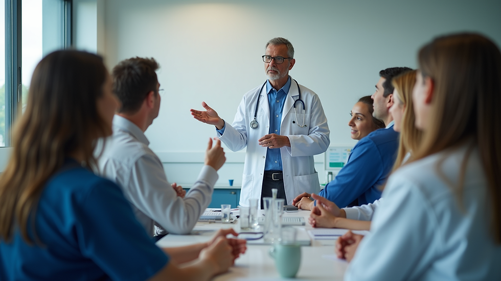 Eye-level view of a healthcare recruitment event with professionals discussing opportunities